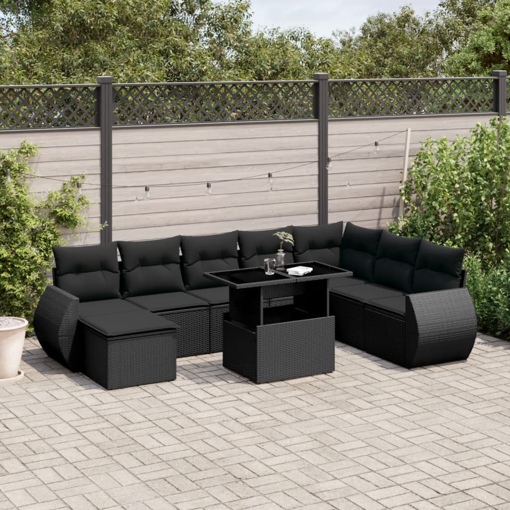 Set mobilier de gradina cu perne, 9 piese, negru, poliratan — imaginea 2