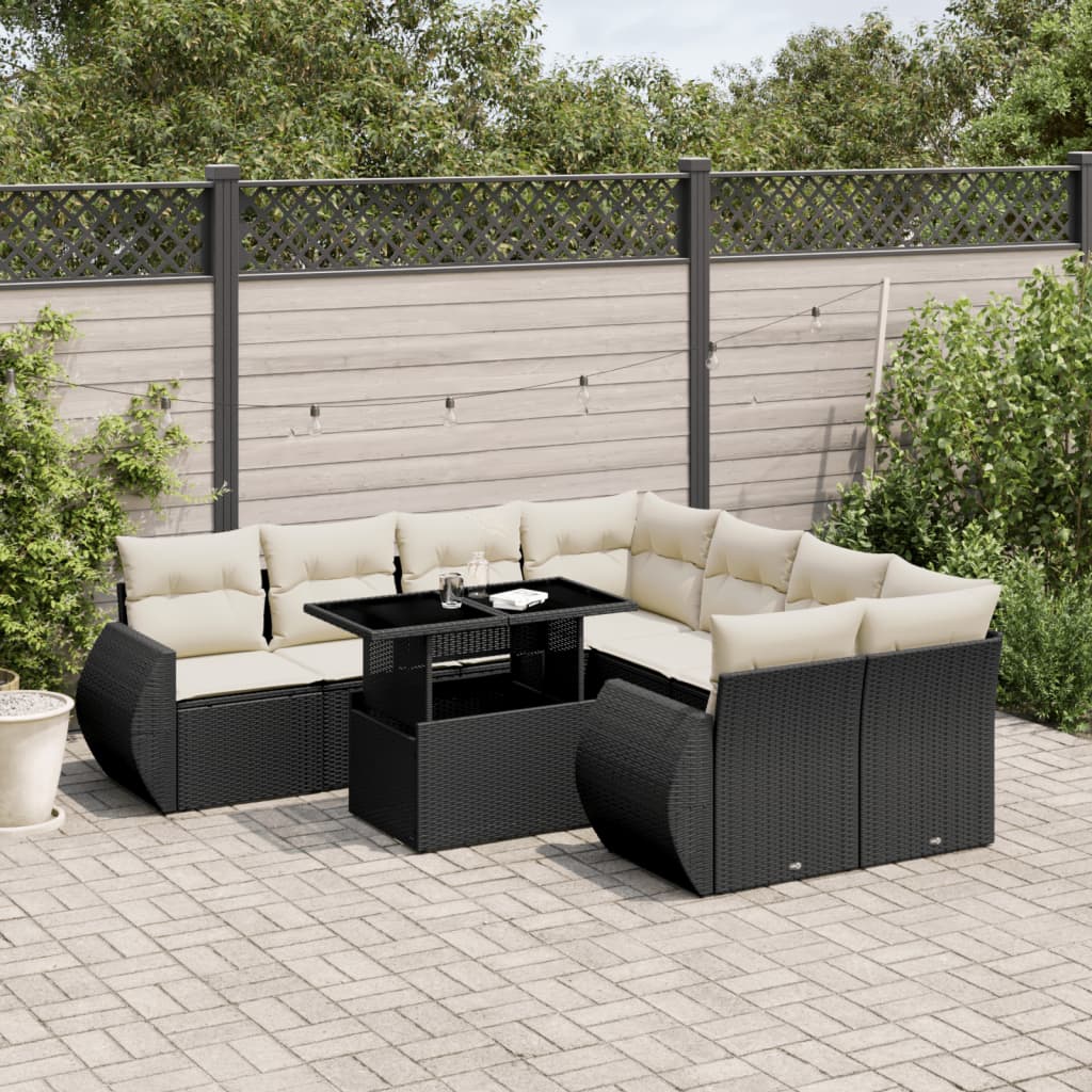 Set mobilier de gradina cu perne, 9 piese, negru, poliratan — imaginea 2