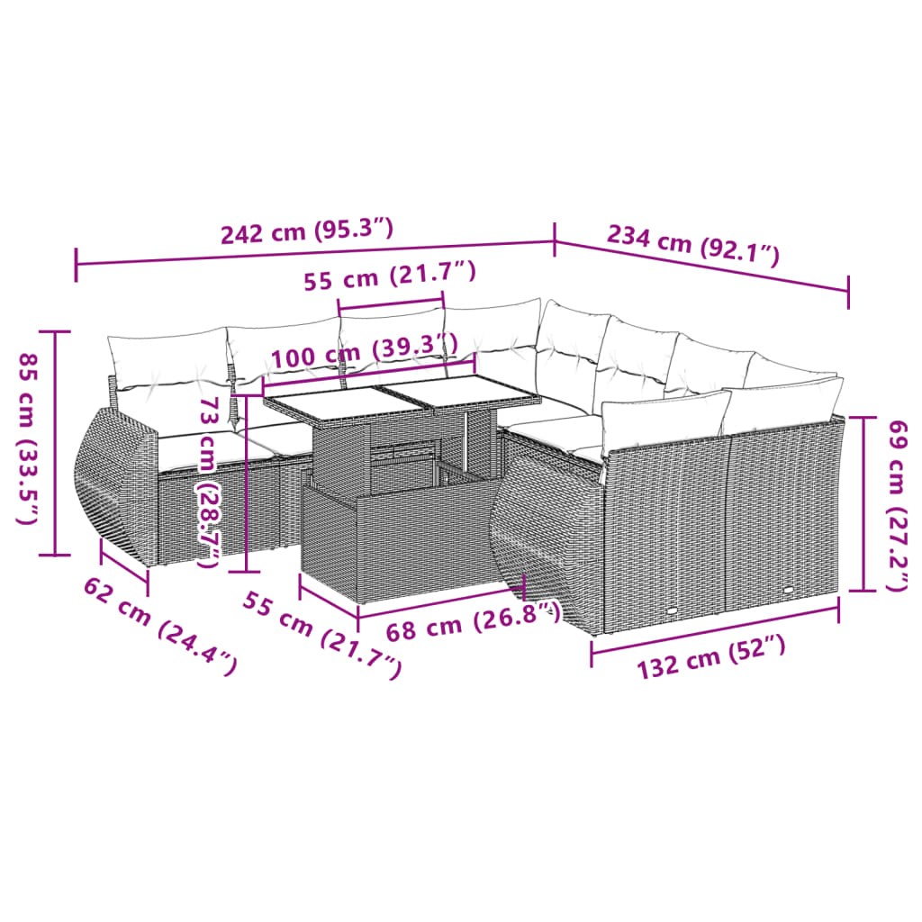 Set mobilier de gradina cu perne, 9 piese, negru, poliratan — imaginea 10