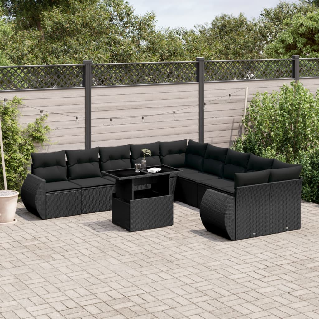 Set canapele de gradina cu perne, 11 piese, negru, poliratan — imaginea 2