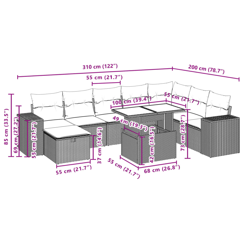 Set mobilier de gradina cu perne, 9 piese, negru, poliratan — imaginea 12