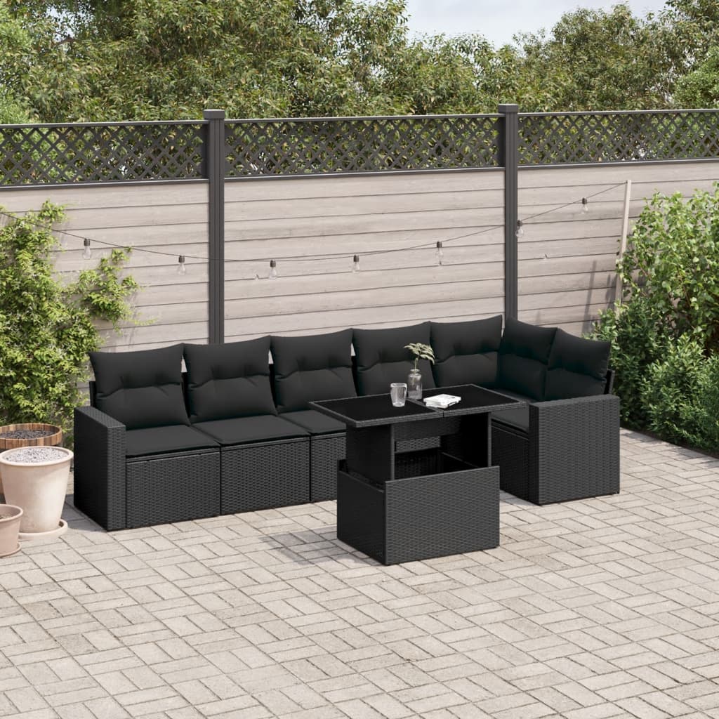 Set canapele de gradina cu perne, 7 piese, negru, poliratan — imaginea 2