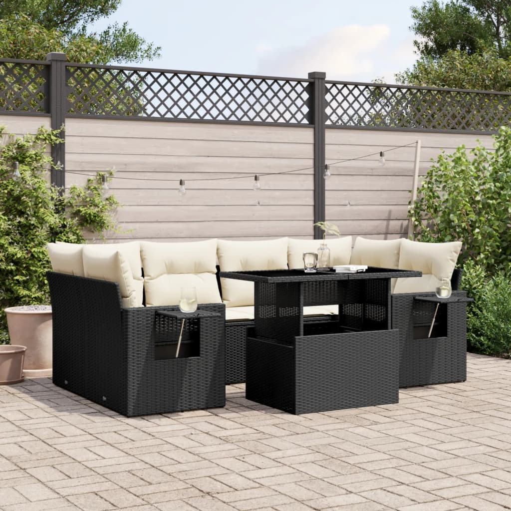 Set canapele de gradina cu perne, 7 piese, negru, poliratan — imaginea 2