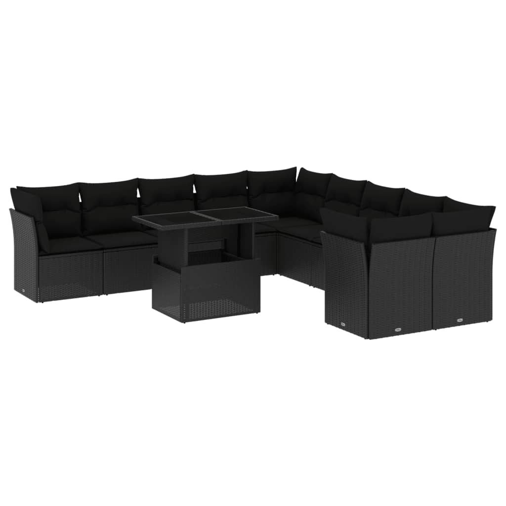 Set canapele de gradina cu perne, 11 piese, negru, poliratan