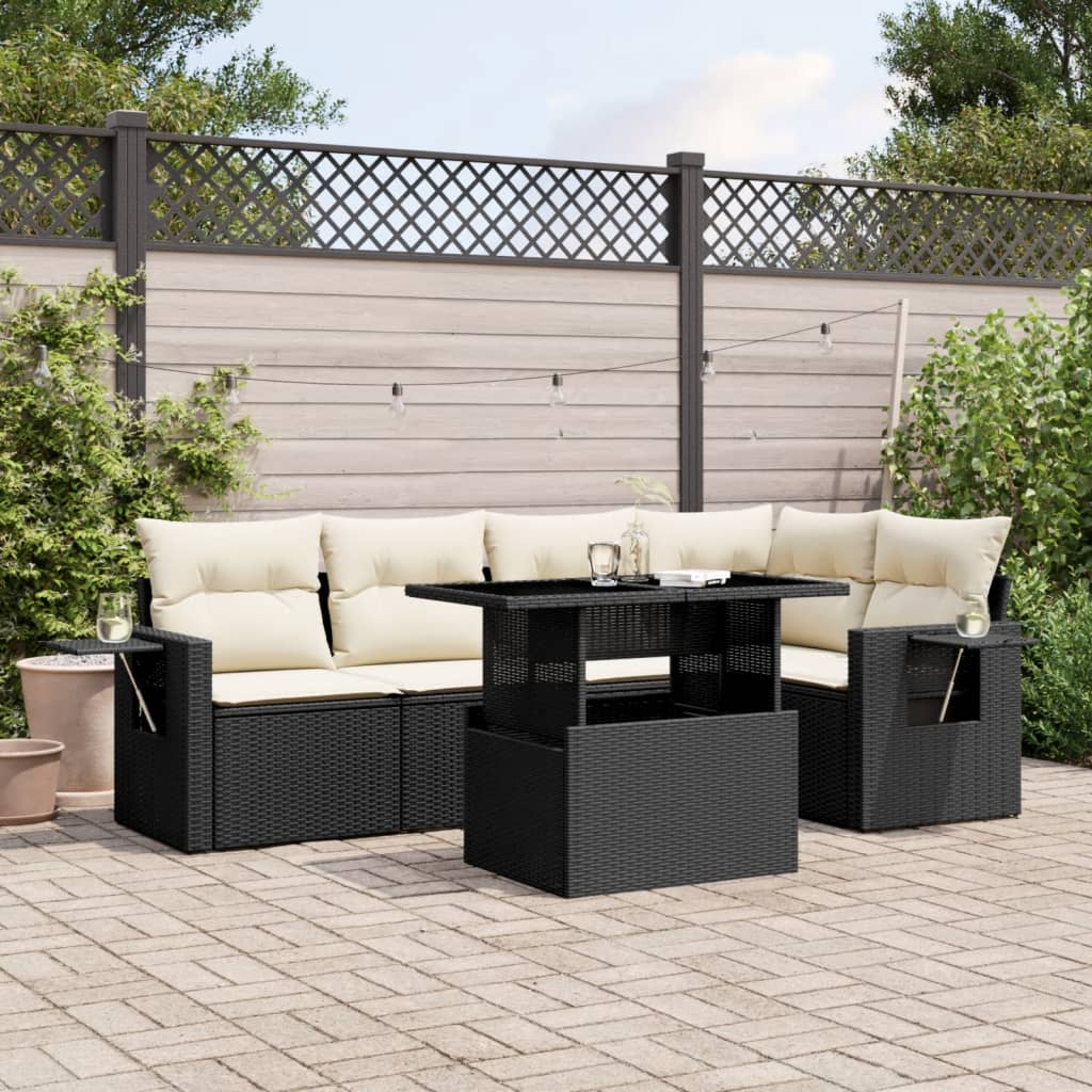 Set mobilier de gradina cu perne, 6 piese, negru, poliratan — imaginea 2
