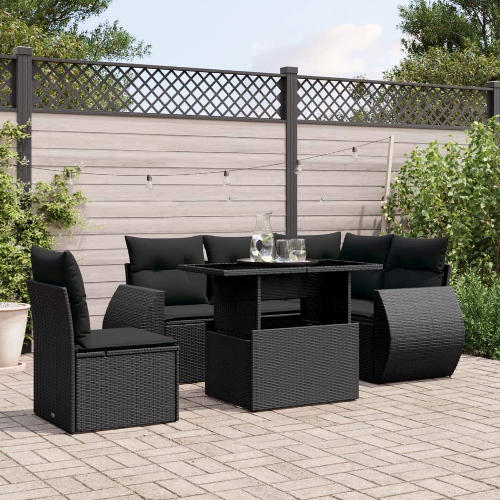 Set mobilier de gradina cu perne, 6 piese, negru, poliratan — imaginea 2