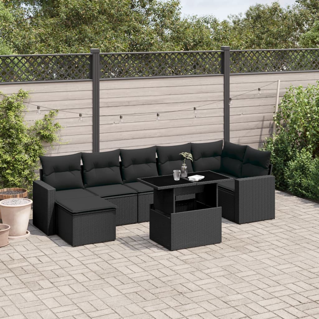 Set mobilier de gradina cu perne, 8 piese, negru, poliratan — imaginea 2