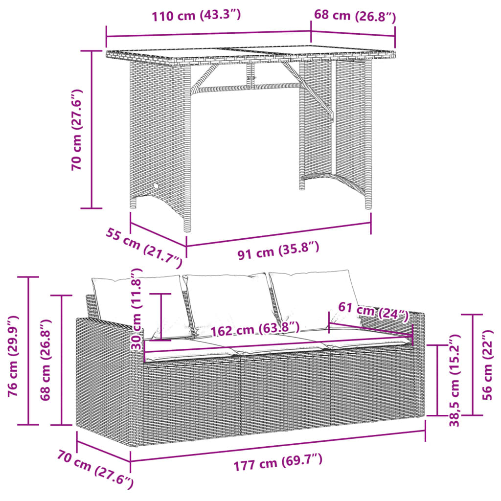 Set mobilier de gradina cu perne, 2 piese, negru, poliratan — imaginea 11