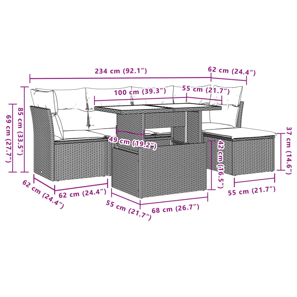 Set mobilier de gradina cu perne, 6 piese, negru, poliratan — imaginea 9