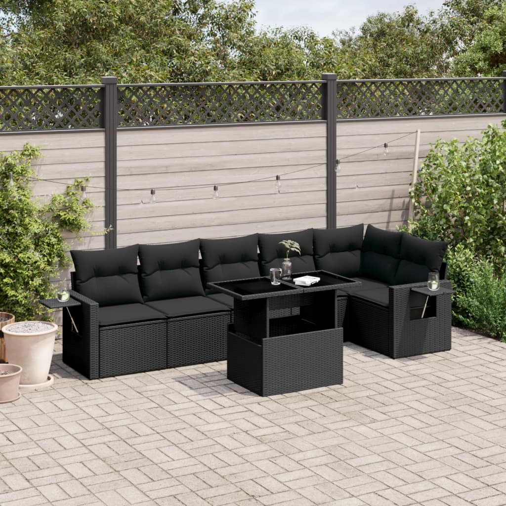 Set canapele de gradina cu perne, 7 piese, negru, poliratan — imaginea 2