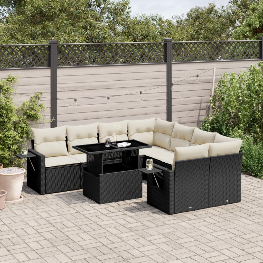 Set mobilier de gradina cu perne, 9 piese, negru, poliratan — imaginea 2