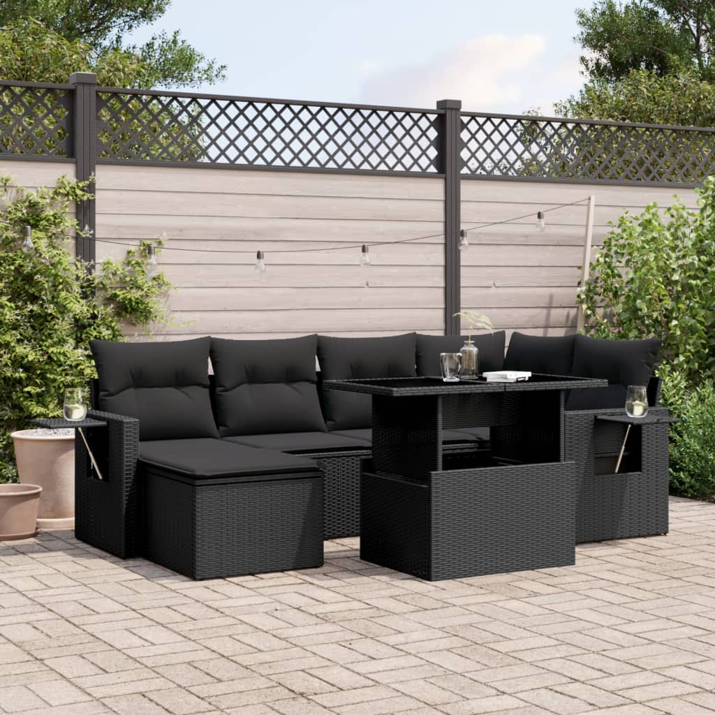 Set canapele de gradina cu perne, 7 piese, negru, poliratan — imaginea 2