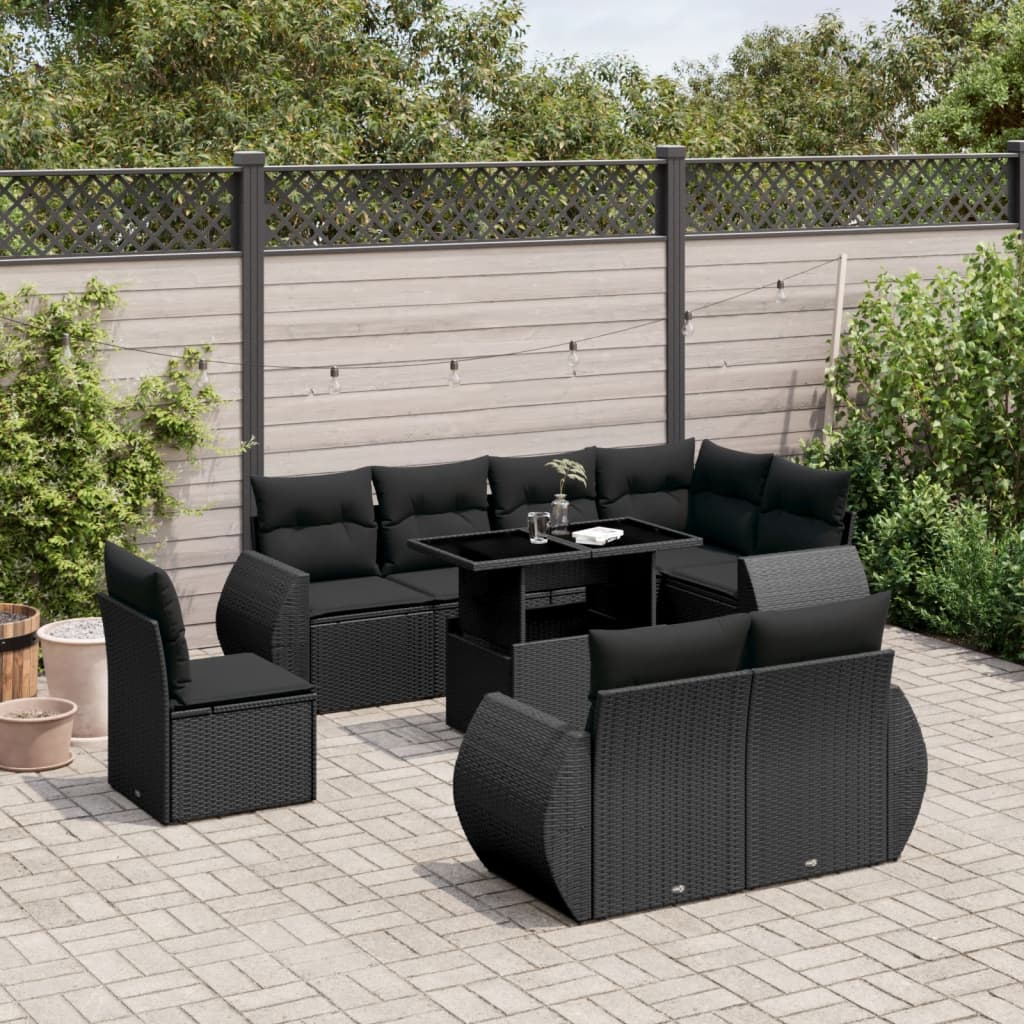 Set mobilier de gradina cu perne, 9 piese, negru, poliratan — imaginea 2