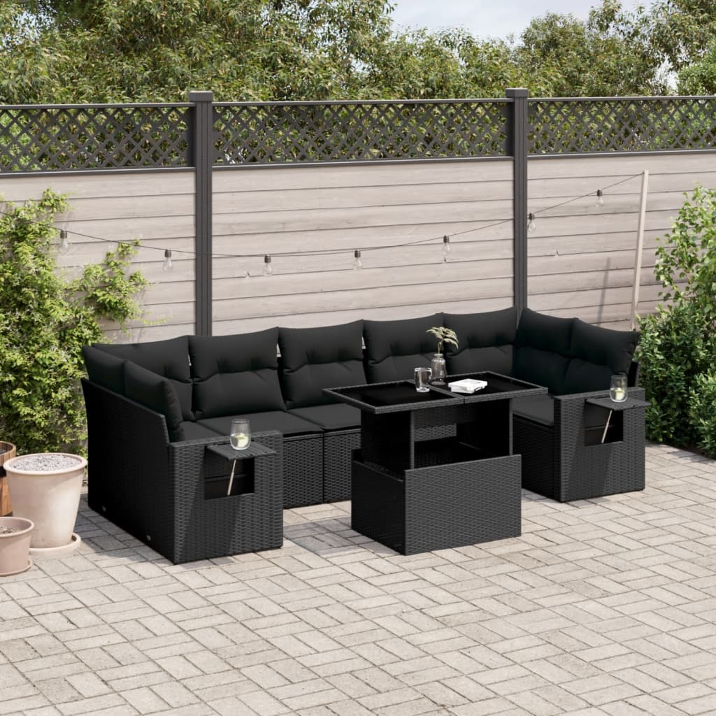 Set mobilier de gradina cu perne, 8 piese, negru, poliratan — imaginea 2