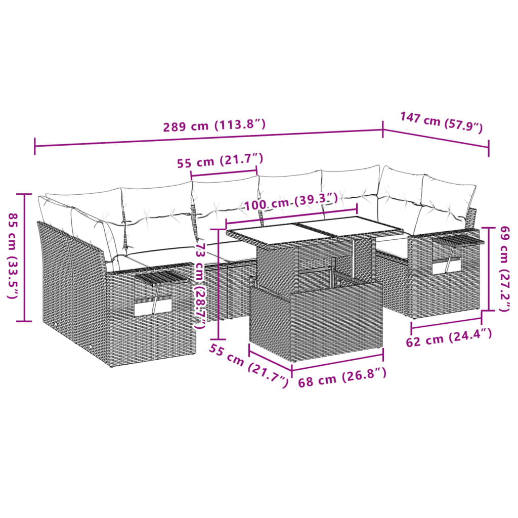 Set mobilier de gradina cu perne, 8 piese, negru, poliratan — imaginea 11