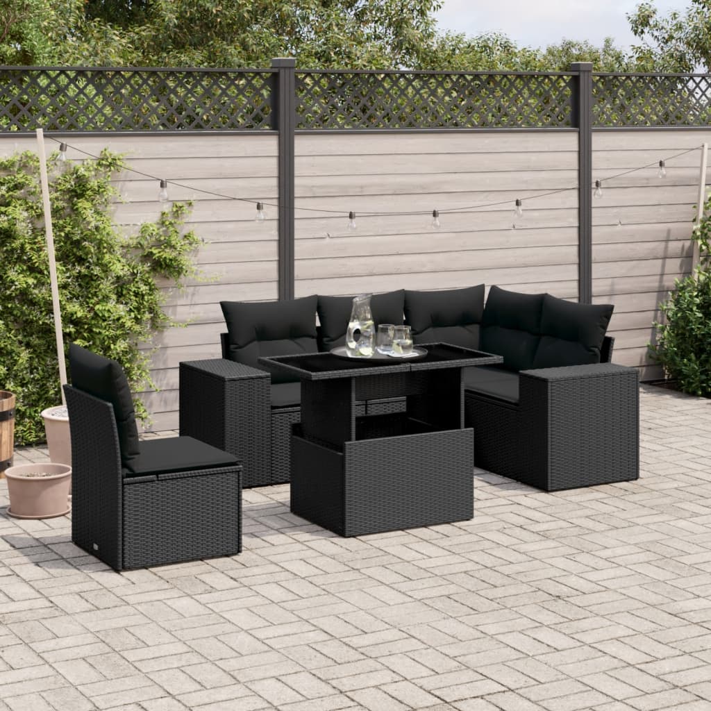 Set mobilier de gradina cu perne, 6 piese, negru, poliratan — imaginea 2