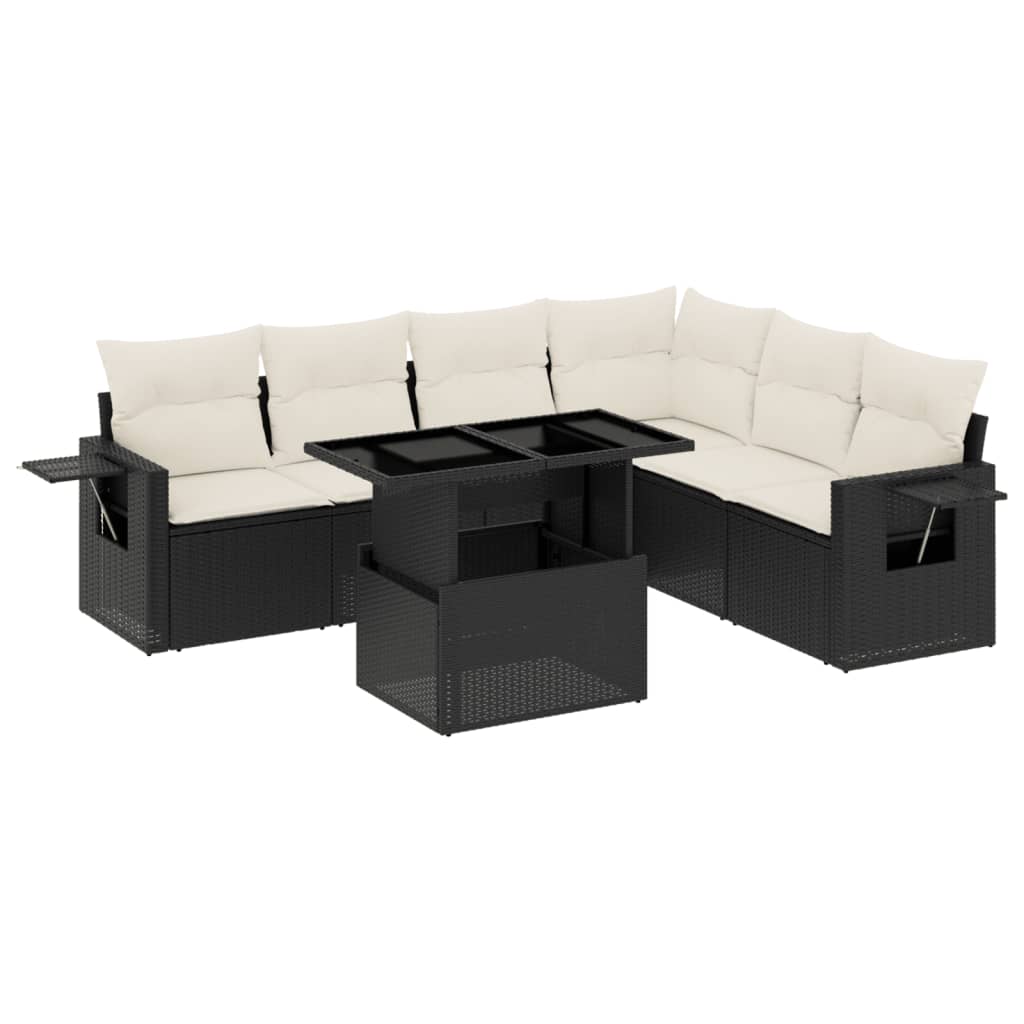 Set canapele de gradina cu perne, 7 piese, negru, poliratan
