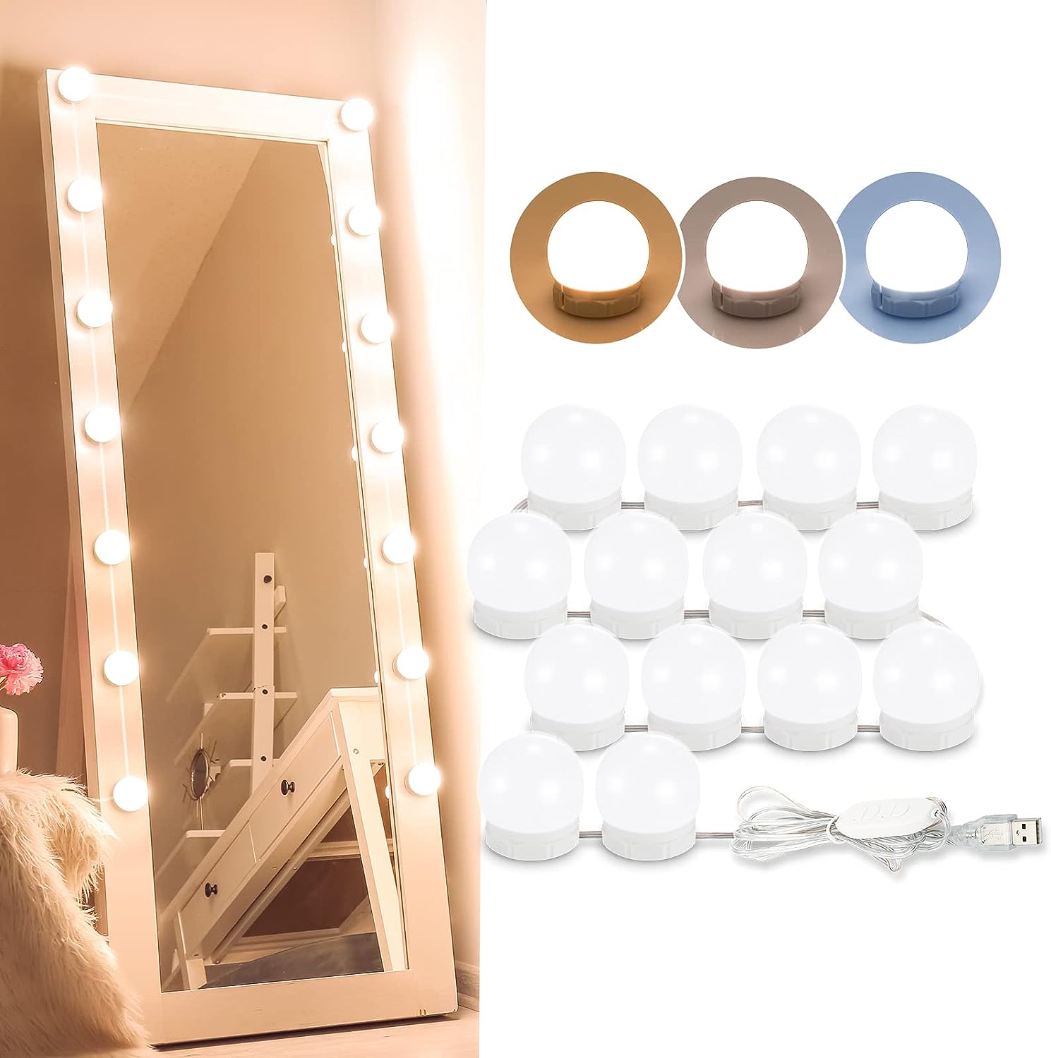 Kit 14 Becuri LED OnXsmart® pentru Oglinda Make-Up, Stil Hollywood, 3 Moduri de Iluminare pentru un Machiaj Perfect