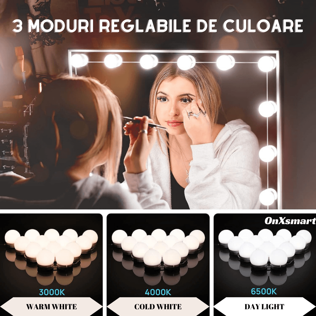 Kit 14 Becuri LED OnXsmart® pentru Oglinda Make-Up, Stil Hollywood, 3 Moduri de Iluminare pentru un Machiaj Perfect - 1 | YEO