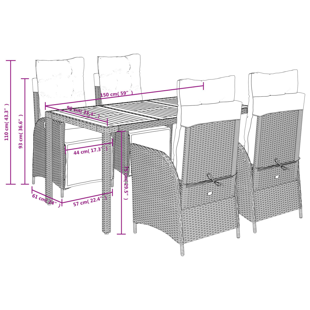 Set mobilier de gradina cu perne, 5 piese, gri, poliratan — imaginea 9