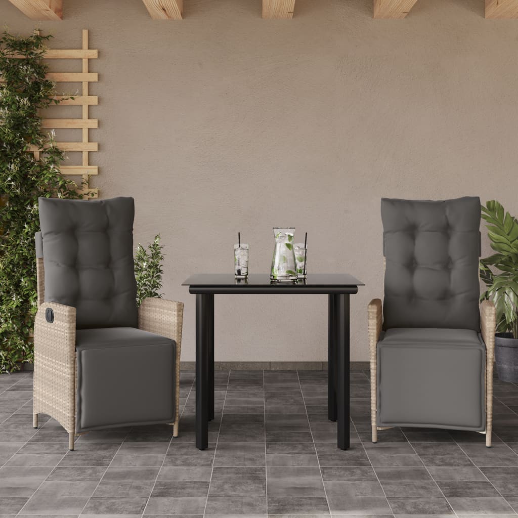 Set mobilier de gradina cu perne, 3 piese,gri deschis,poliratan — imaginea 2