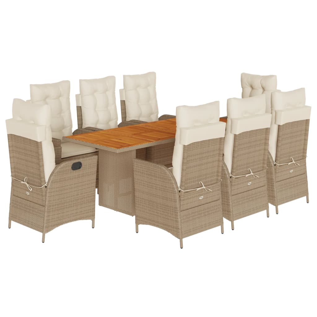Set de masa pentru gradina, 9 piese, cu perne, bej, poliratan