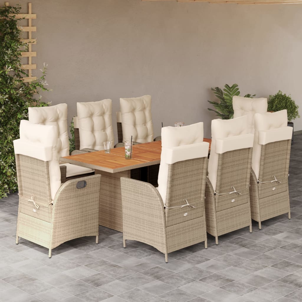 Set de masa pentru gradina, 9 piese, cu perne, bej, poliratan — imaginea 2