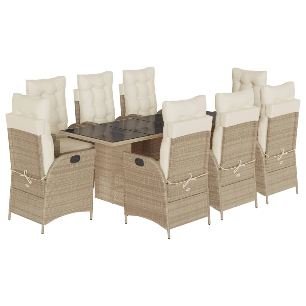 Set de masa pentru gradina, 9 piese, cu perne, bej, poliratan