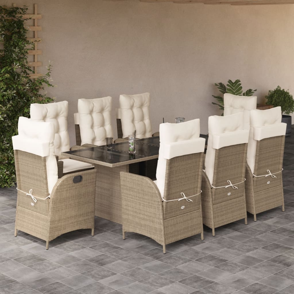 Set de masa pentru gradina, 9 piese, cu perne, bej, poliratan — imaginea 2
