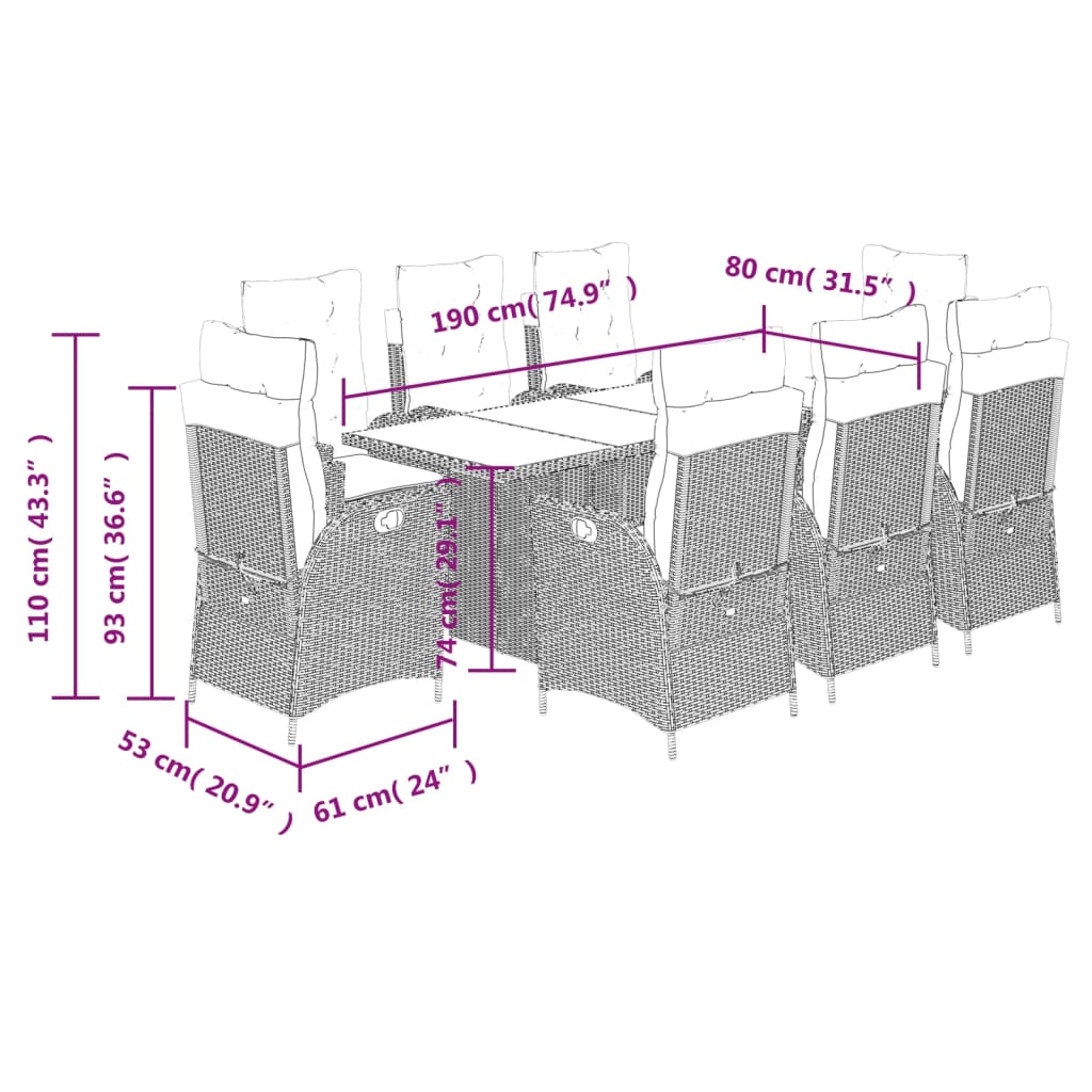 Set de masa pentru gradina, 9 piese, cu perne, bej, poliratan — imaginea 9