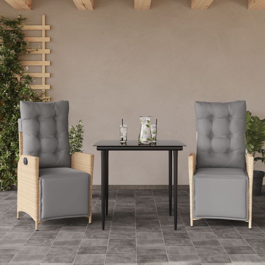Set de masa pentru gradina, 3 piese, cu perne, bej, poliratan — imaginea 2