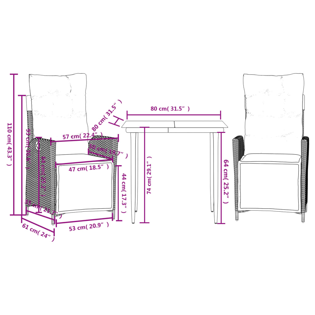 Set de masa pentru gradina, 3 piese, cu perne, bej, poliratan — imaginea 9