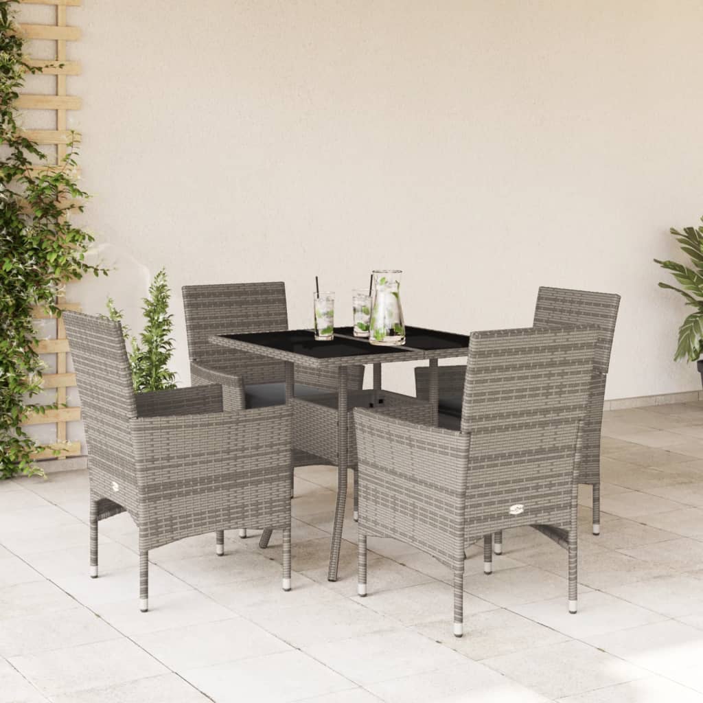 Set mobilier de gradina cu perne 5 piese gri poliratan & sticla — imaginea 2