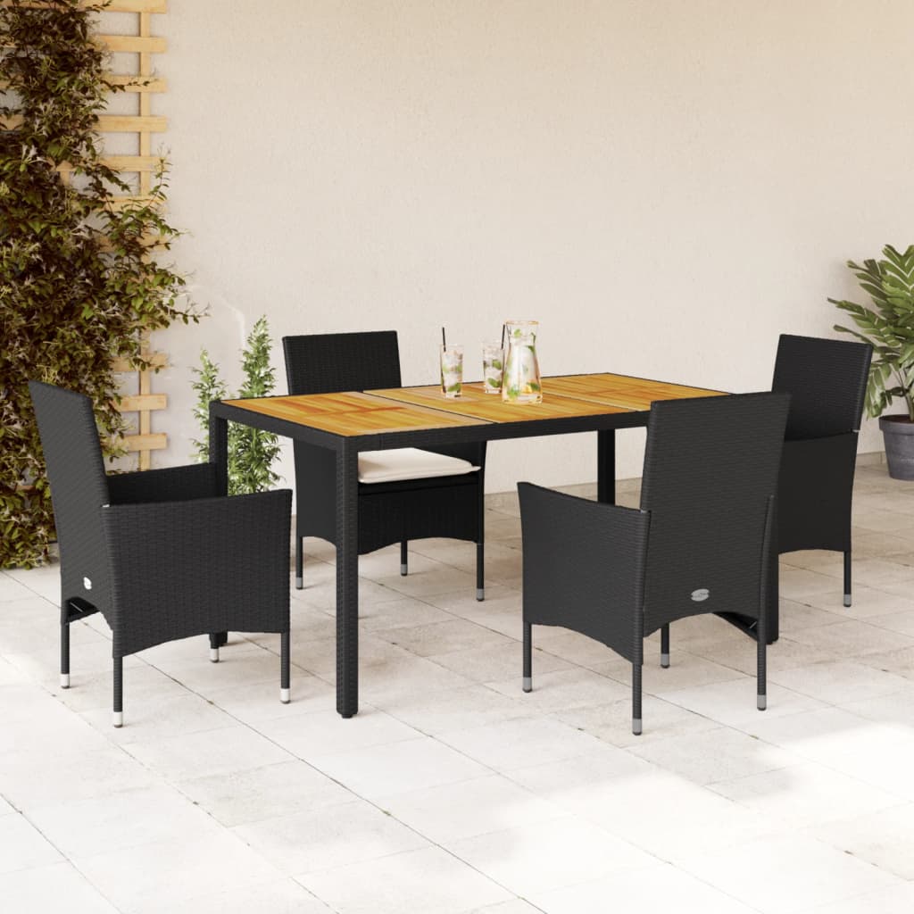 Set mobilier gradina perne 5 piese negru poliratan/lemn acacia — imaginea 2