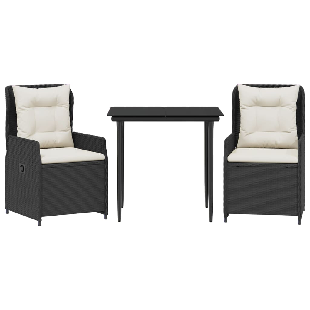 Set mobilier de gradina cu perne, 3 piese, negru, poliratan