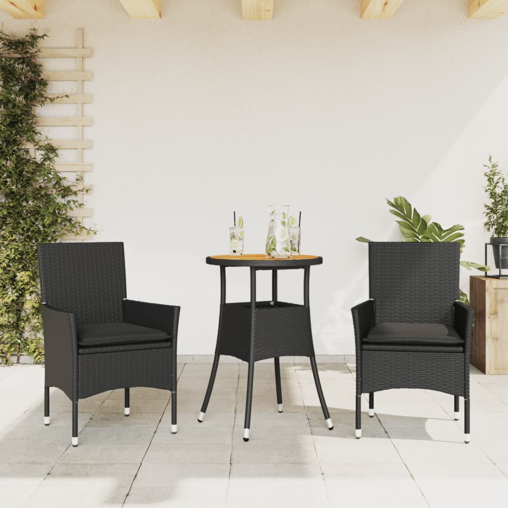 Set mobilier gradina perne 3 piese negru poliratan/lemn acacia — imaginea 2