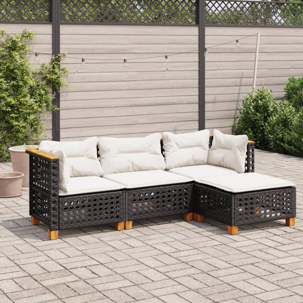 Set mobilier de gradina cu perne, 4 piese, negru, poliratan — imaginea 2