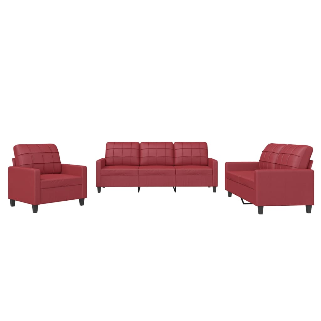 Set de canapele cu perne, 3 piese, rosu vin, piele ecologica