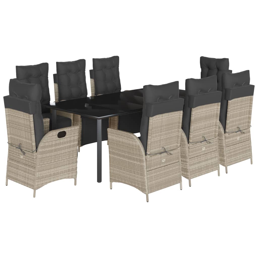 Set mobilier gradina cu perne, 9 piese, gri deschis, poliratan