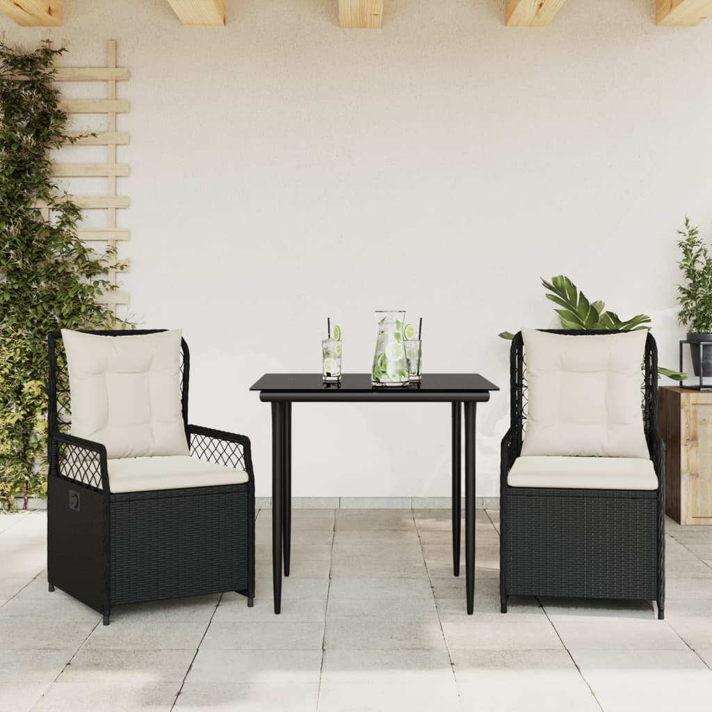 Set mobilier de gradina cu perne, 3 piese, negru, poliratan — imaginea 2