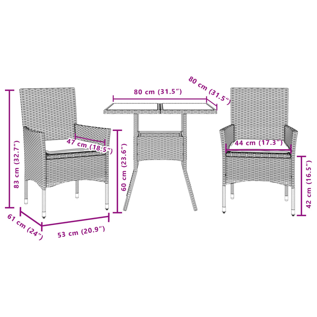 Set mobilier gradina perne 3 piese gri deschis poliratan sticla — imaginea 7