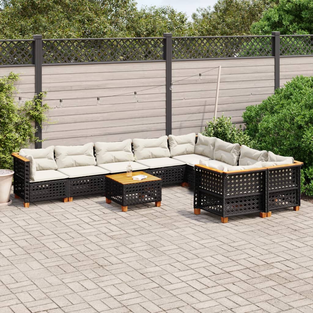 Set canapele de gradina cu perne, 10 piese, negru, poliratan — imaginea 2