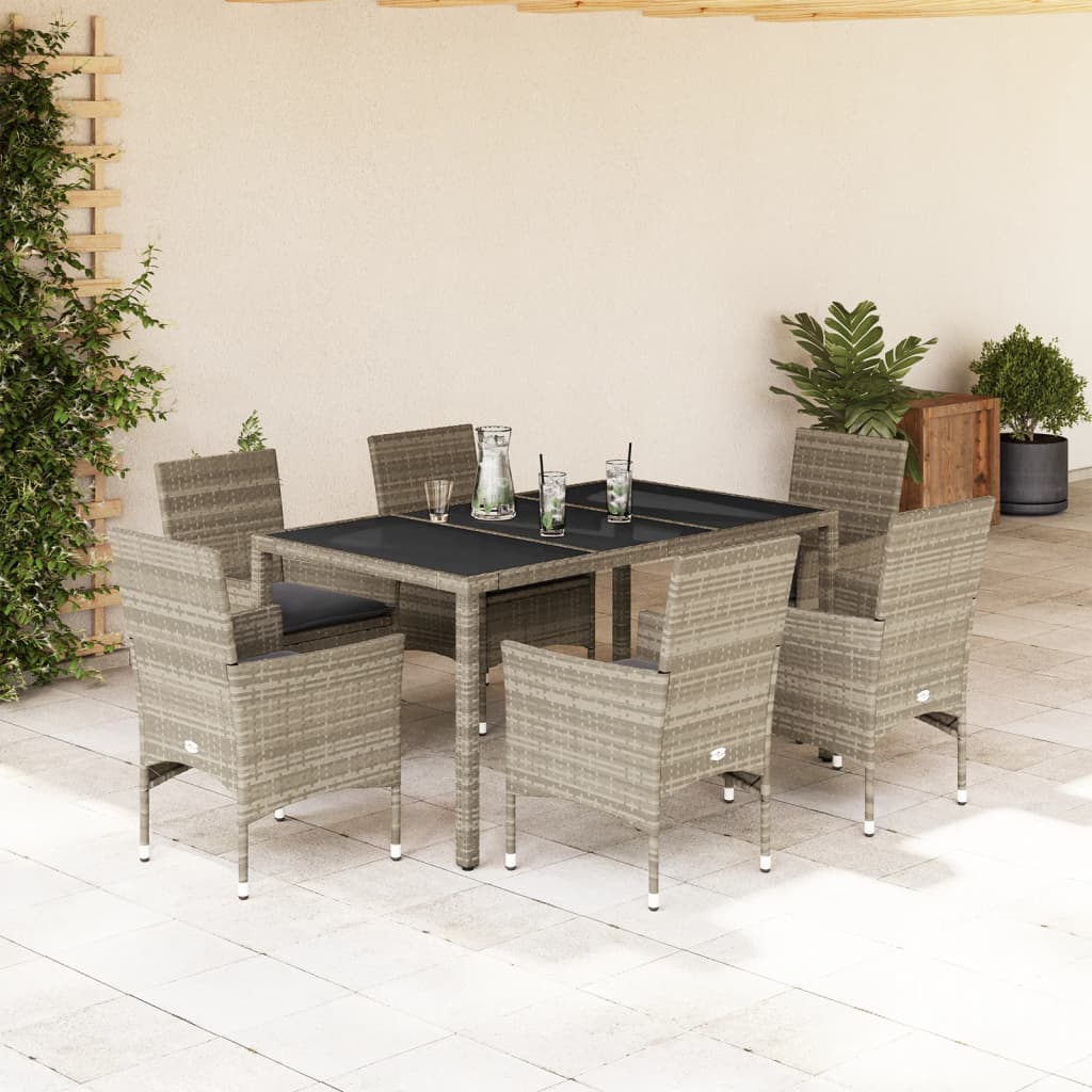 Set mobilier gradina perne 7 piese gri deschis poliratan/sticla, mărime 150x90x75 cm — imaginea 2