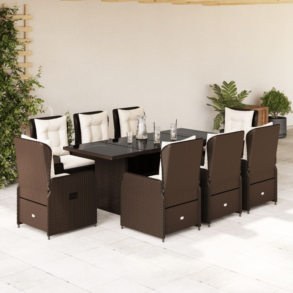 Set mobilier de gradina cu perne, 9 piese, maro, poliratan — imaginea 2