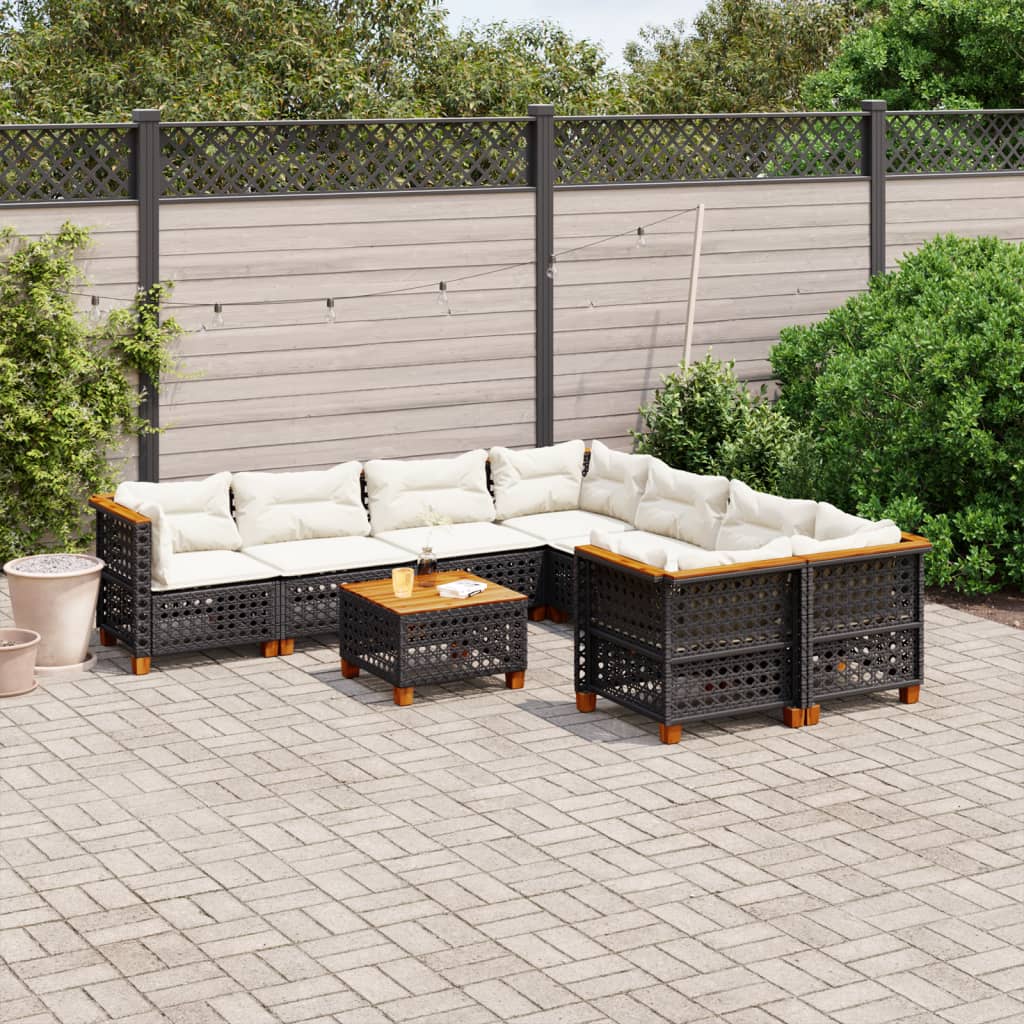 Set mobilier de gradina cu perne, 9 piese, negru, poliratan — imaginea 2