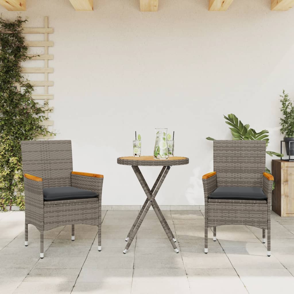 Set bistro cu perne, 3 piese, gri, poliratan si lemn acacia — imaginea 2