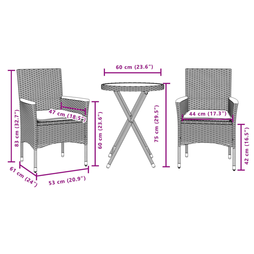 Set bistro cu perne, 3 piese, gri, poliratan si lemn acacia — imaginea 7