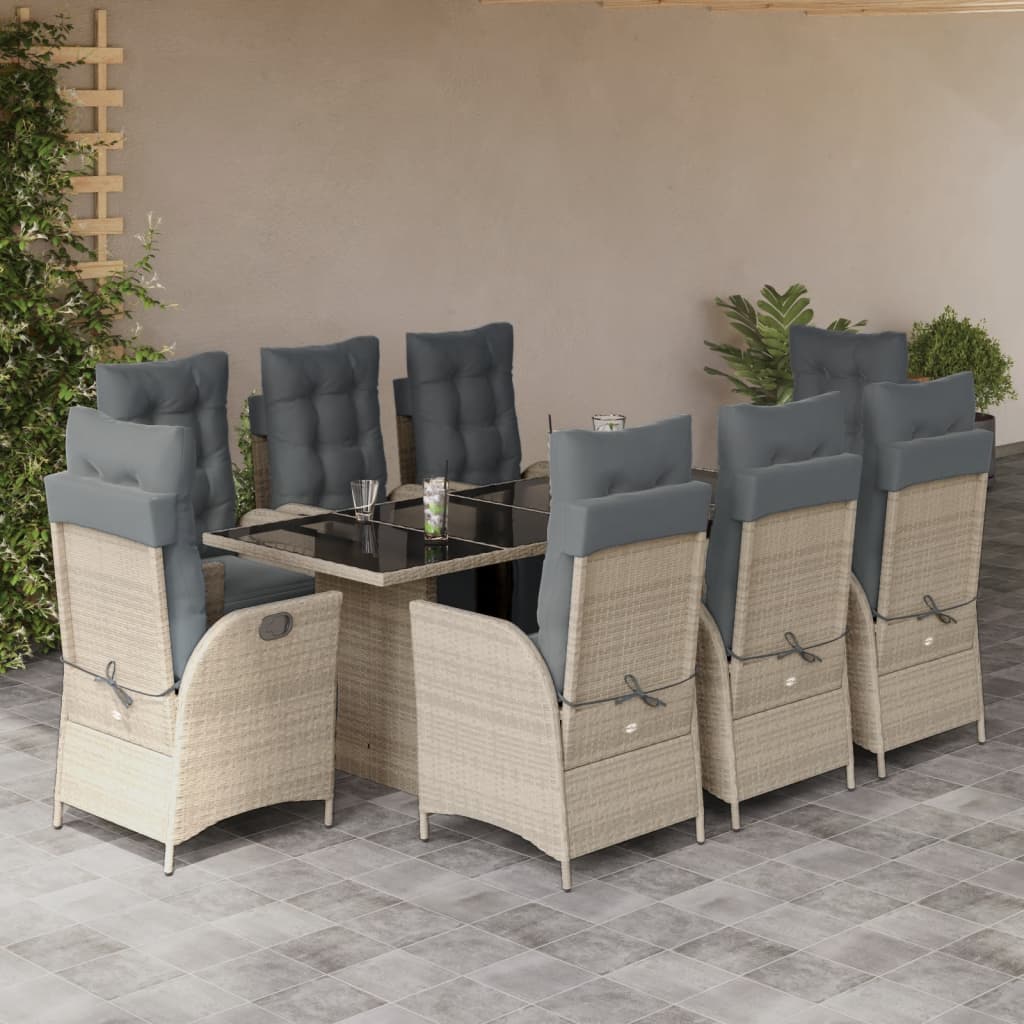 Set mobilier gradina cu perne, 9 piese, gri deschis, poliratan — imaginea 2