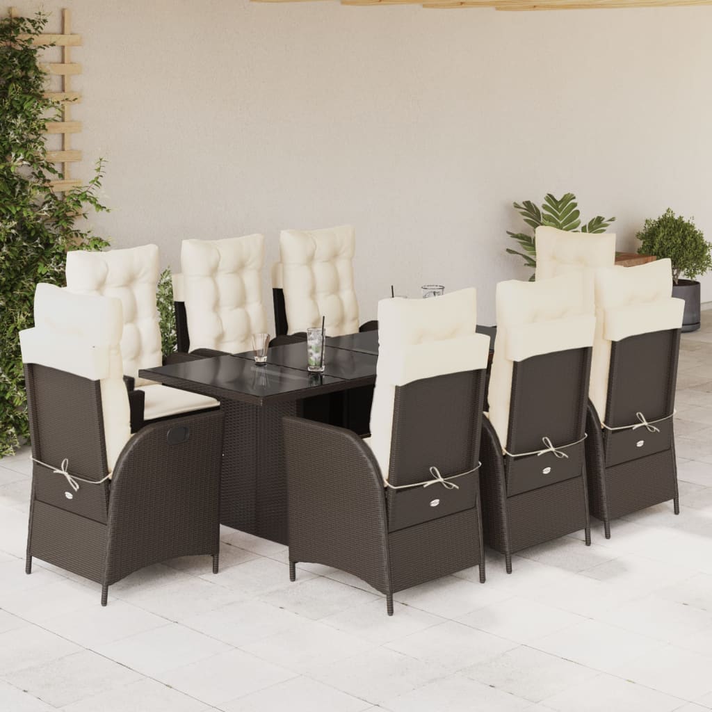 Set mobilier de gradina cu perne, 9 piese, maro, poliratan — imaginea 2