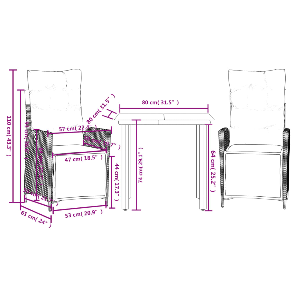 Set mobilier de gradina cu perne, 3 piese, gri, poliratan — imaginea 9